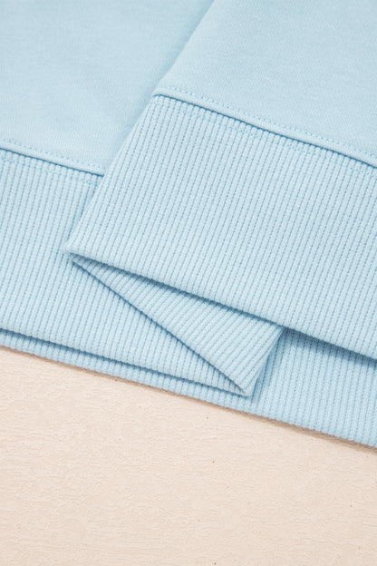Clearly Aqua Solid Color Ribbed Trim Short Sleeve Top Drawstring Loose Pants 2pcs Outfit