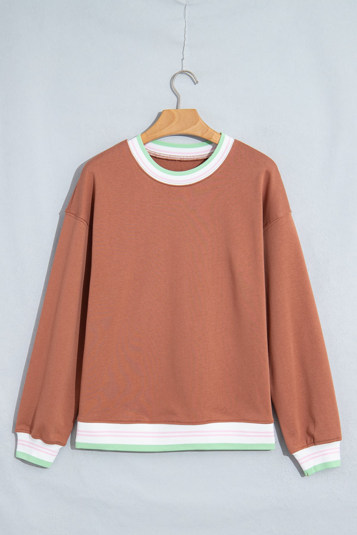 Light Pink Contrast Striped Trim Baggy Pullover Sweatshirt