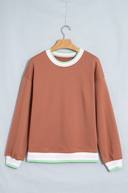 Light Pink Contrast Striped Trim Baggy Pullover Sweatshirt