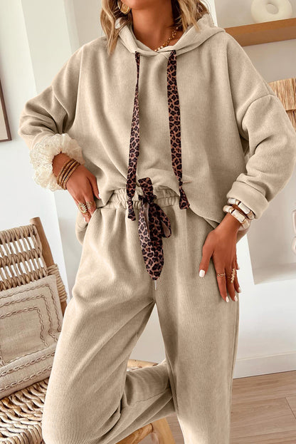 Parchment Leopard Drawstring Pullover Hoodie and High Waist Pants Corduroy Suit