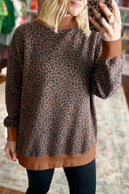 Multicolour Leopard Print High Neck Long Sleeve Ribbed Cuffs Hem Sweatshirt
