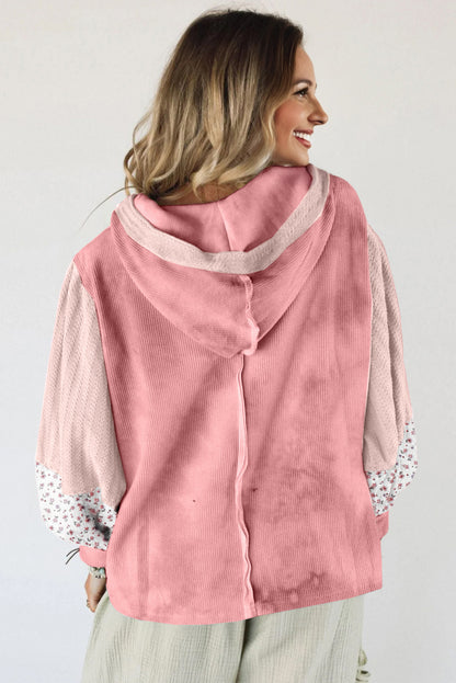 Pink Floral Patched Waffle Textured Colorblock V Neck Casual Hooded Top