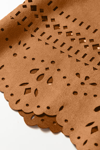 Thai Curry Solid Color Faux Suede Hollowed Detail Retro Style Jacket