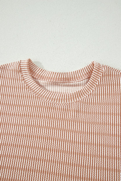 Rose Stripe Raised Rib Loose Tee Drawstring Elastic Waist 2pcs Short Set