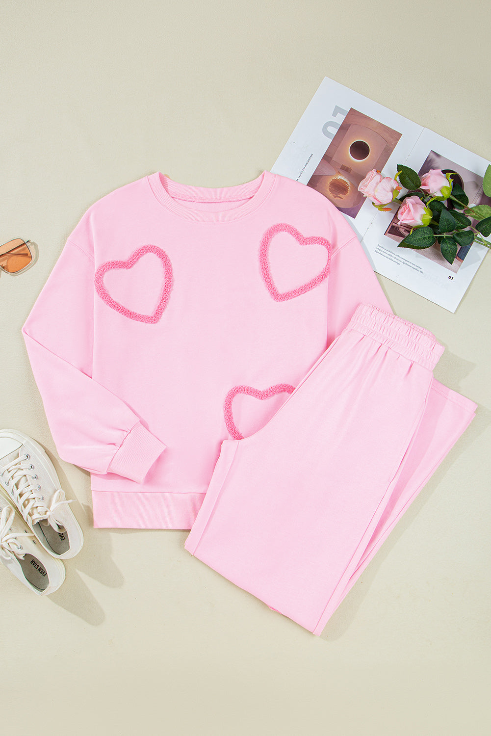 Phalaenopsis Chenille Heart Pattern Casual 2pcs Pants Set