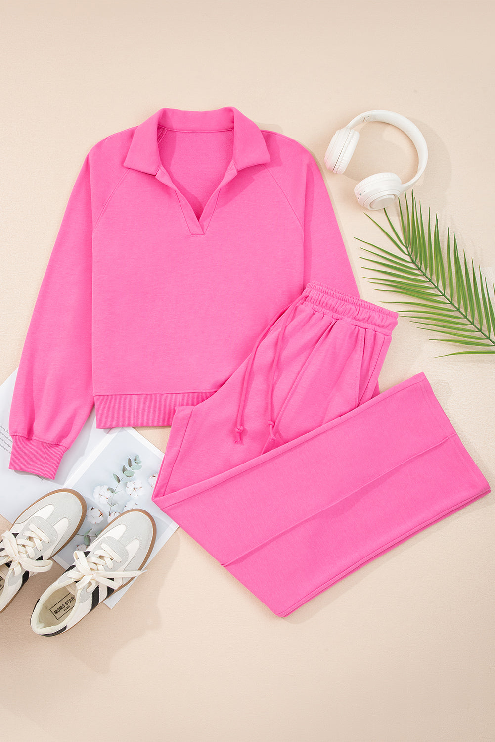 Sachet Pink Solid Color Collared Pullover and Central Seam Pants Set