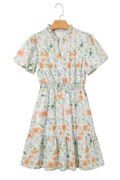 Beige Floral Print Shirred High Waist Puff Sleeve Mini Dress