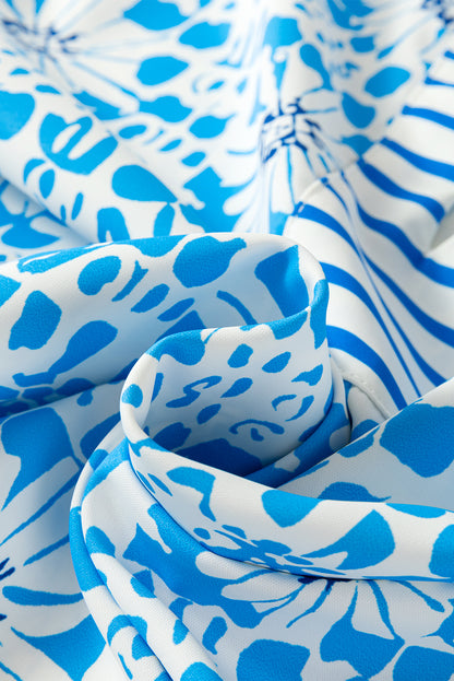 Sky Blue Contrast Striped Trim Floral Shift Fit Fall Dress