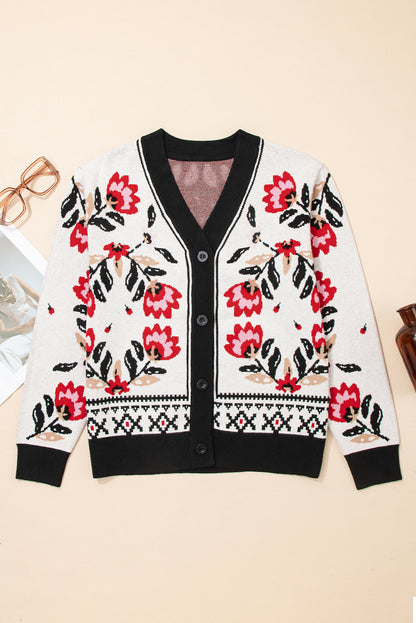 Black Floral Print Buttoned Front V Neck Knit Cardigan