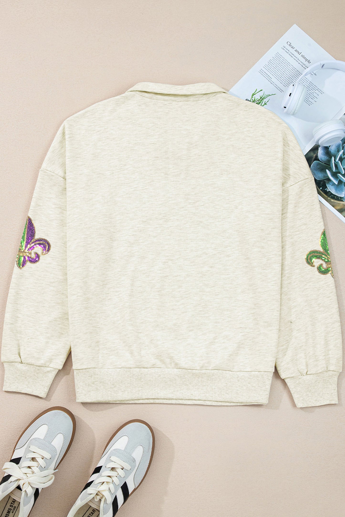 Light Grey Mardi Gras Elements Sequin Patched Striped Patchwork Zip Neck Pullover Sweatshirt