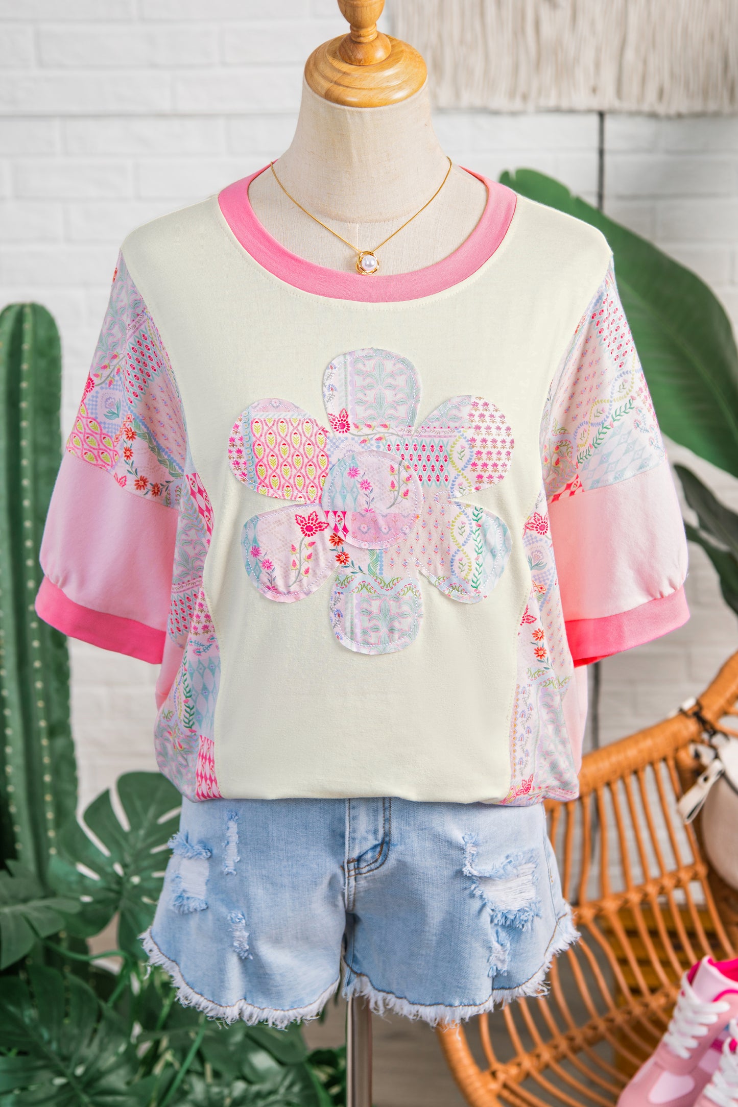 Beige Color Block Floral Patchwork Big Flower Accent Relaxed Top