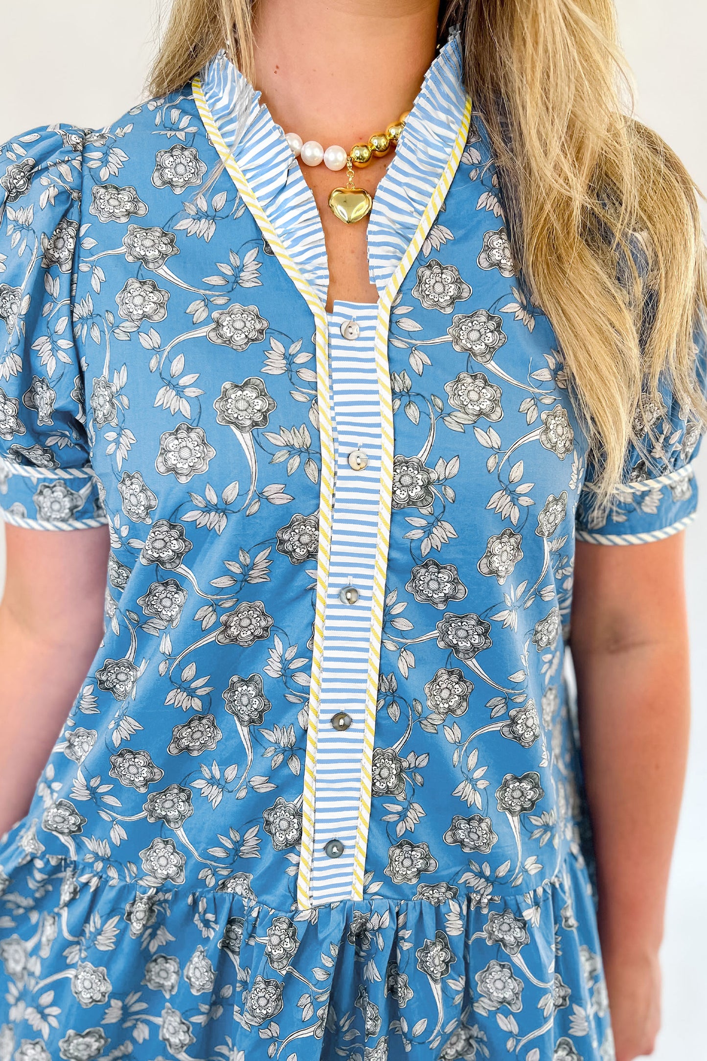 Blue Plus Size Floral Print Striped Patchwork Detail Button Front Ruffle Hem Dress