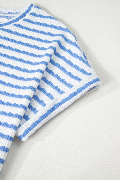 Sky Blue Stripe Knitted Short Sleeve Top and Drawstring Shorts Set