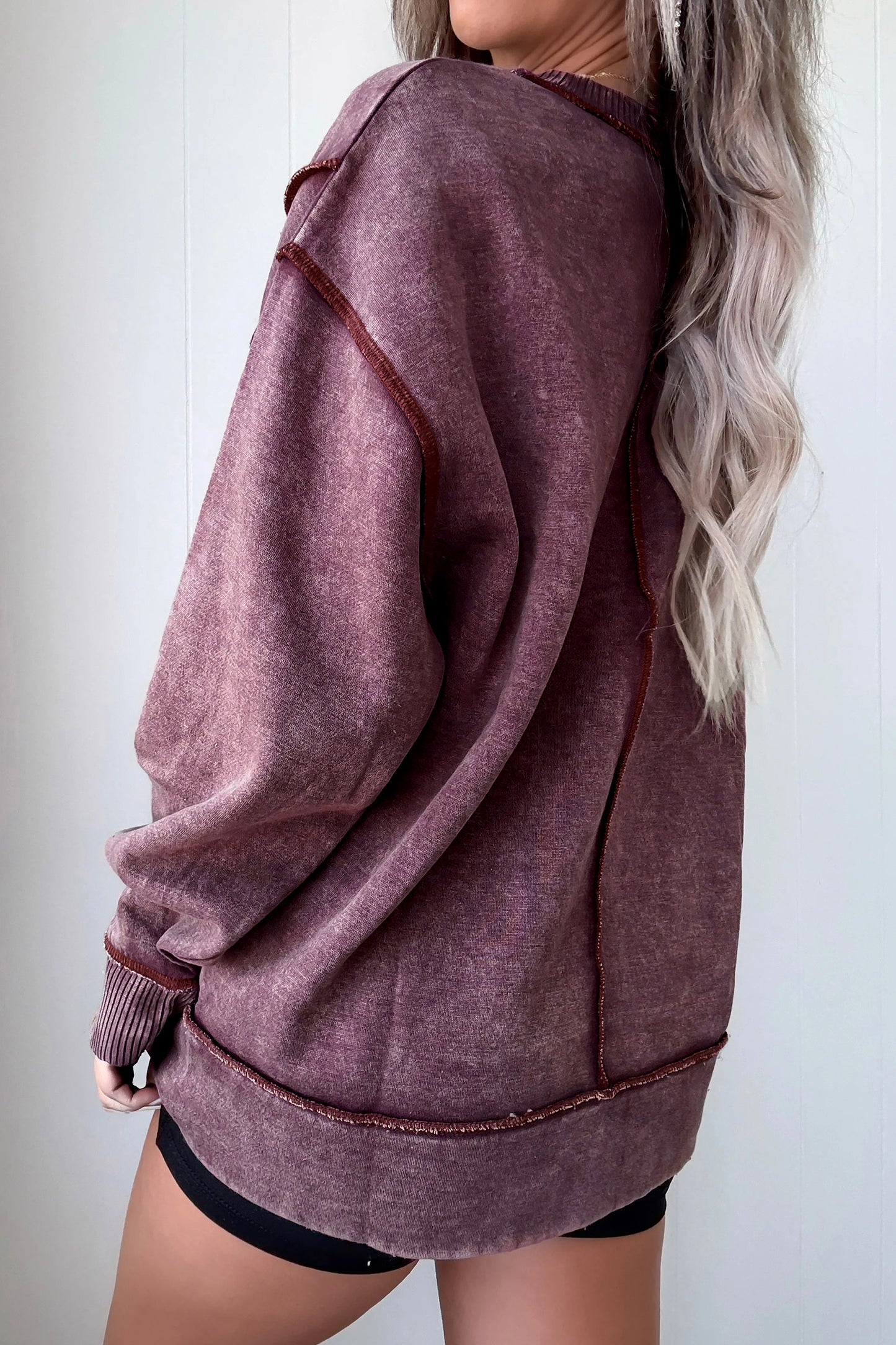 Red Sandalwood Mineral Wash Exposed Seam Side Slit Sweatshirt