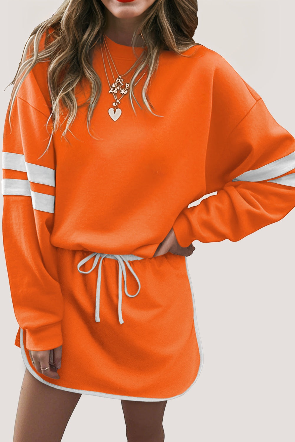 Evergreen Varsity Stripe Detail Drop Shoulder Pullover Mini Skirt Set