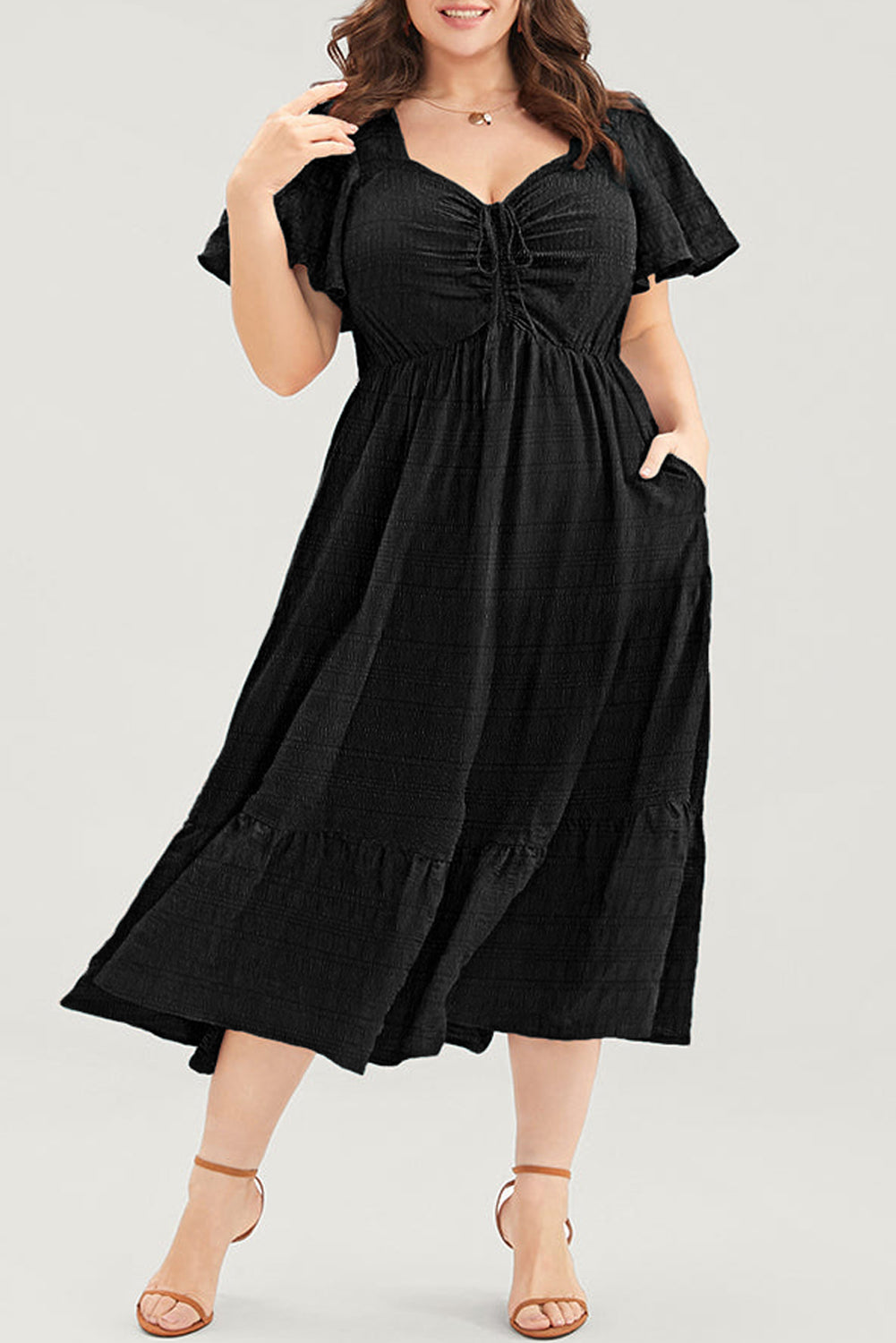 Black Plus Size Short Sleeve Lace-up High Waist Midi Dress