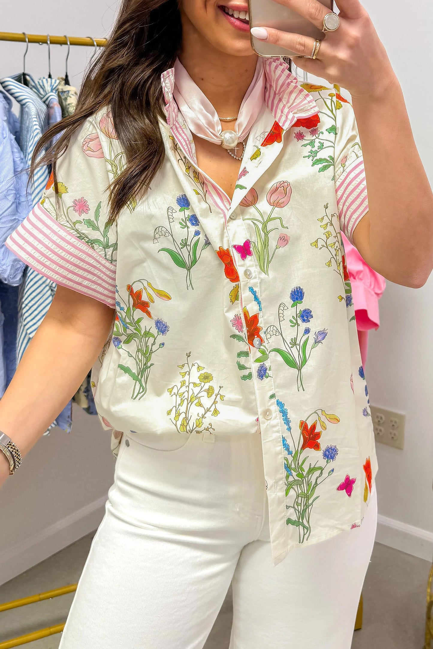 Sky Blue Floral Striped Patchwork Ruffled Collar Short Sleeve Shirt