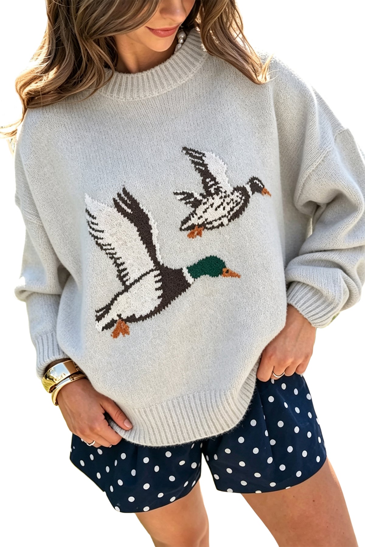 Laurel Green Flying Mallard Pattern Round Neck Drop Shoulder Knit Sweater