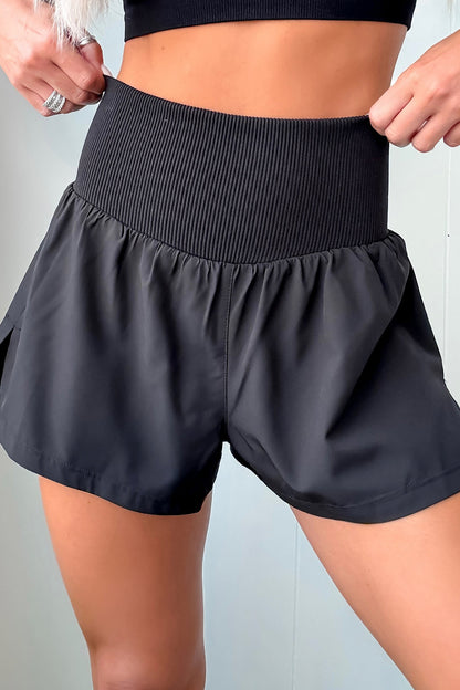 Black Solid Color Ribbed Patchwork High Waist Athletic Shorts