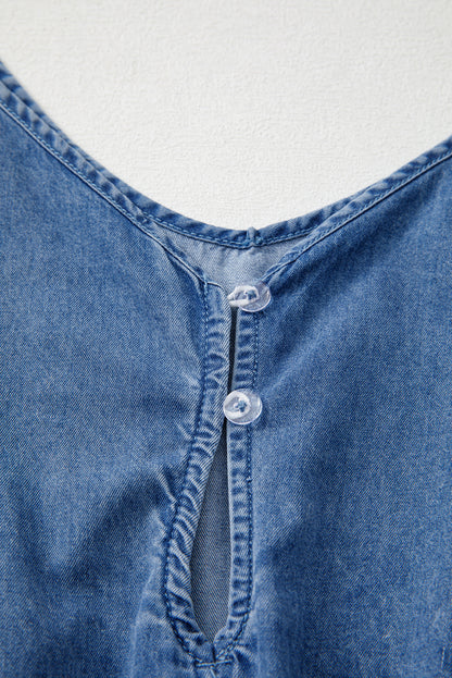 Ashleigh Blue Spaghetti Straps V Neck Belted Ruffled Leg Chambray Romper