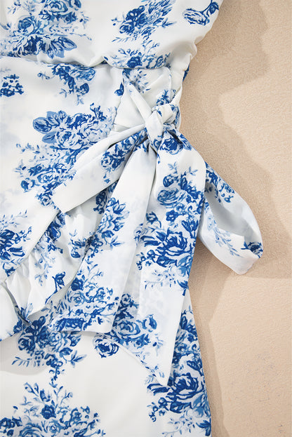 Sky Blue Floral Print Strapless Zipped Back Knot Waist Ruffled Romper