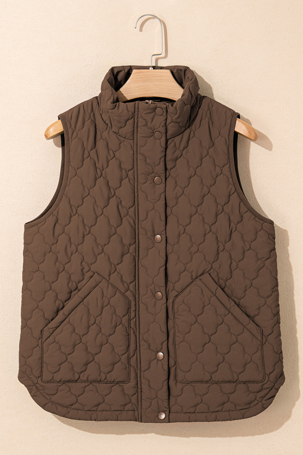 Black Flower Shape Quilted Snap Button Zip Up Winter Vest