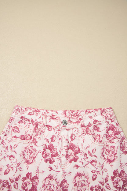 Pink Vintage Floral Print Denim Shift Pants