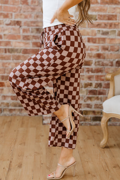 Sky Blue Checkered Elastic High Waist Loose Casual Pants