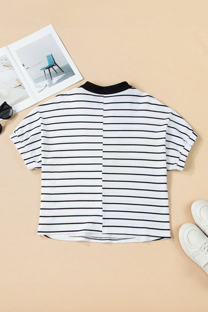 Blue Stripe Stand Collar V Neck Elastic Cuffs Half Sleeve Dolman Top