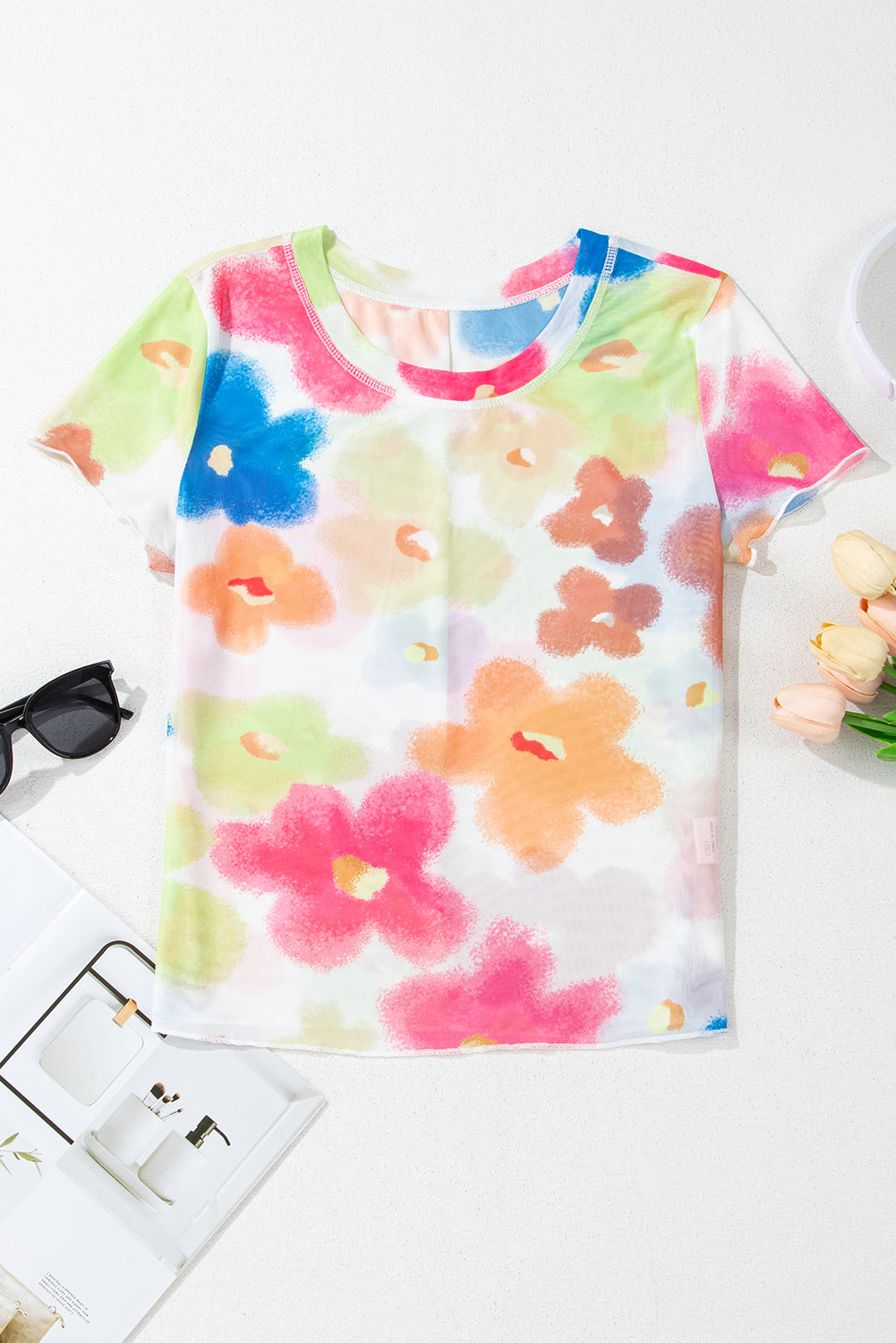 Multicolour Floral Mesh Lettuce Trim Cropped T Shirt