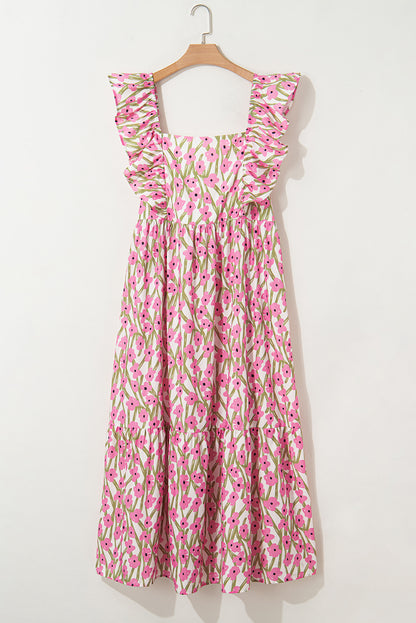 Pink Plus Size Ruffle Trim Square Neck High Waist Floral Maxi Dress