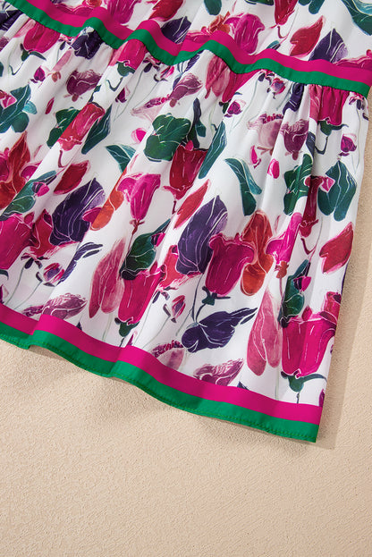 Purple Floral Print Contrast Striped Detail Long Sleeve Mini Dress