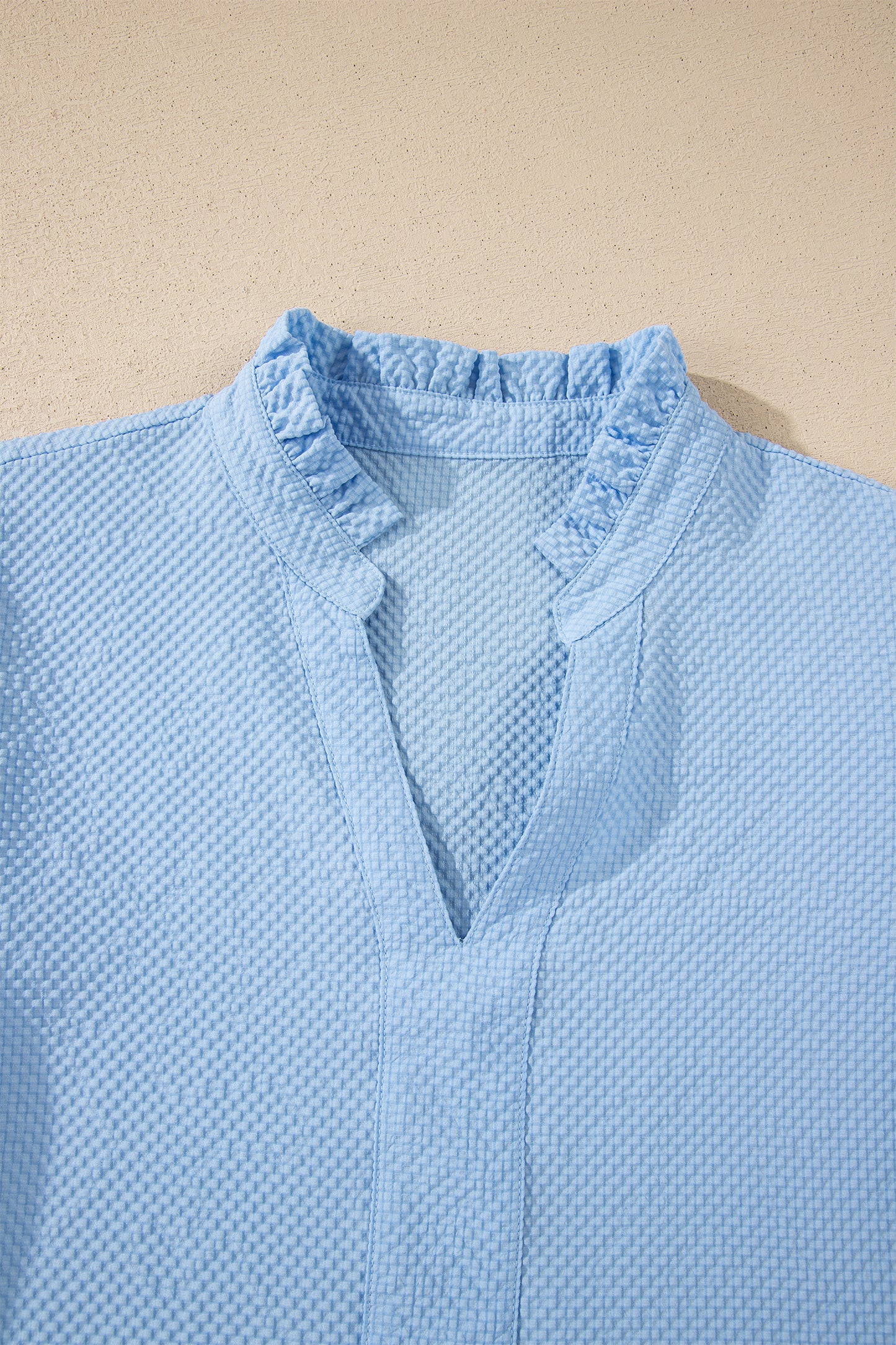 Beau Blue Flower Embroidered Puff Sleeve Split Neck Textured Blouse