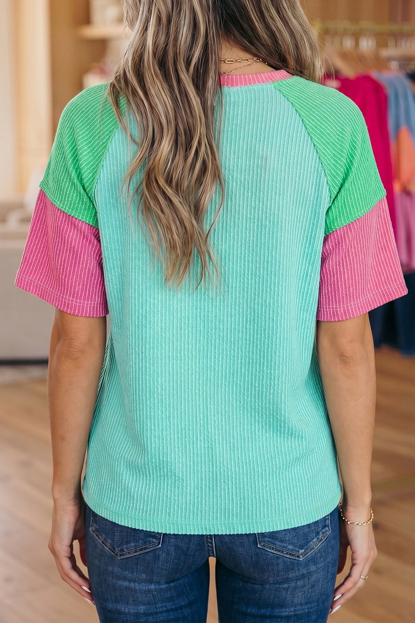 Rose Red Color Block Twisted Ribbed Tee