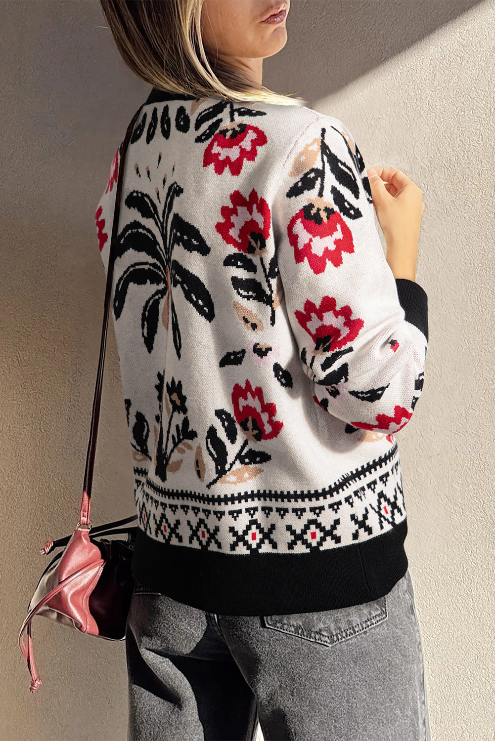 Black Floral Print Buttoned Front V Neck Knit Cardigan