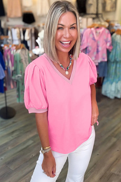 Yellow Solid Color V Neck Short Puff Sleeve Blouse