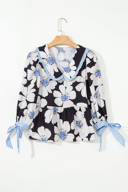 Black Floral Print Striped Tie Sleeve Collared V Neck Blouse