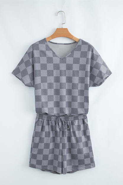 Gray Checkered V Neck Tee Drawstring Shorts Lounge Set