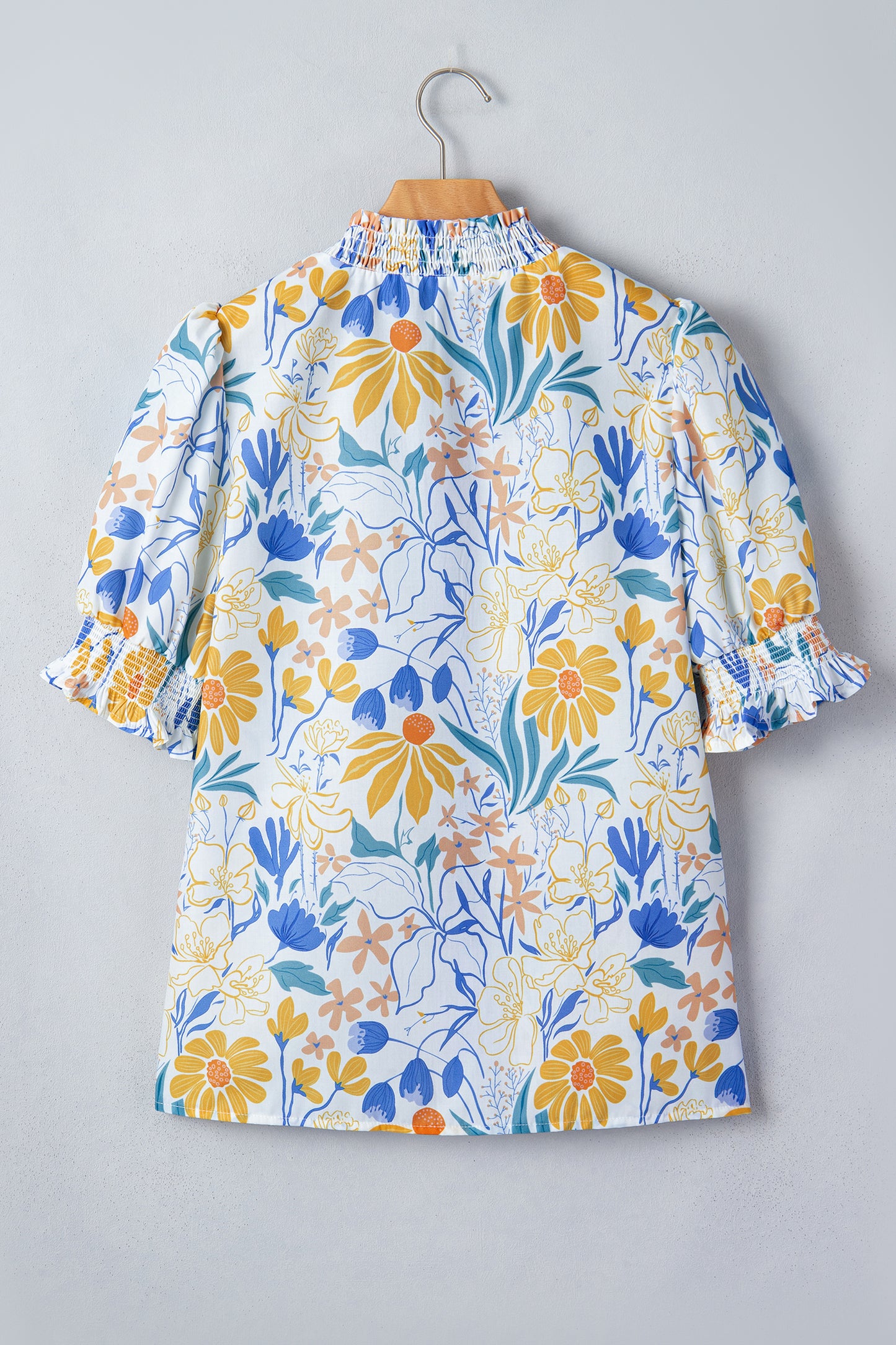 Yellow Floral Print Striped Trim V Neck Puff Sleeve Blouse