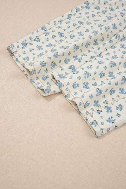 Beige Grommet Knot Waist Floral Barrel Leg Jeans