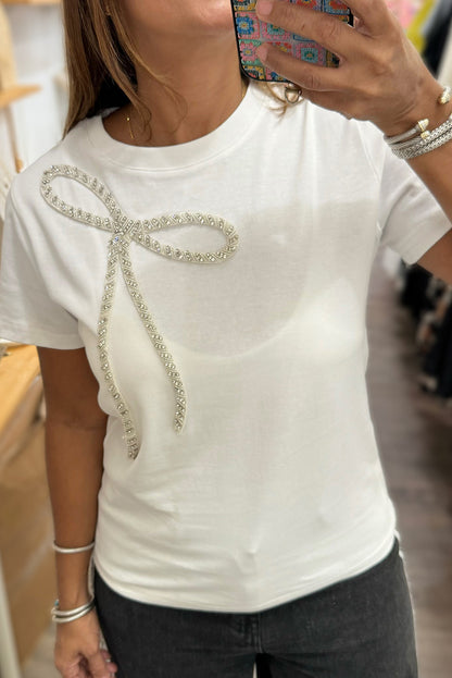 White Rhinestone Bow Embellished Round Neck Tee