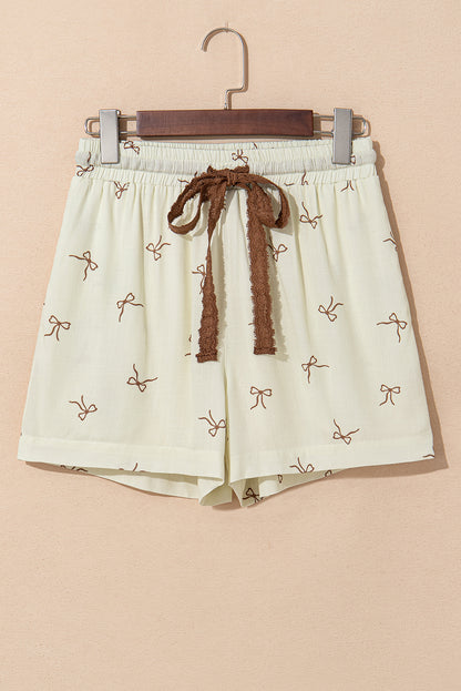 White Bow Print Lace Drawstring Casual Shorts