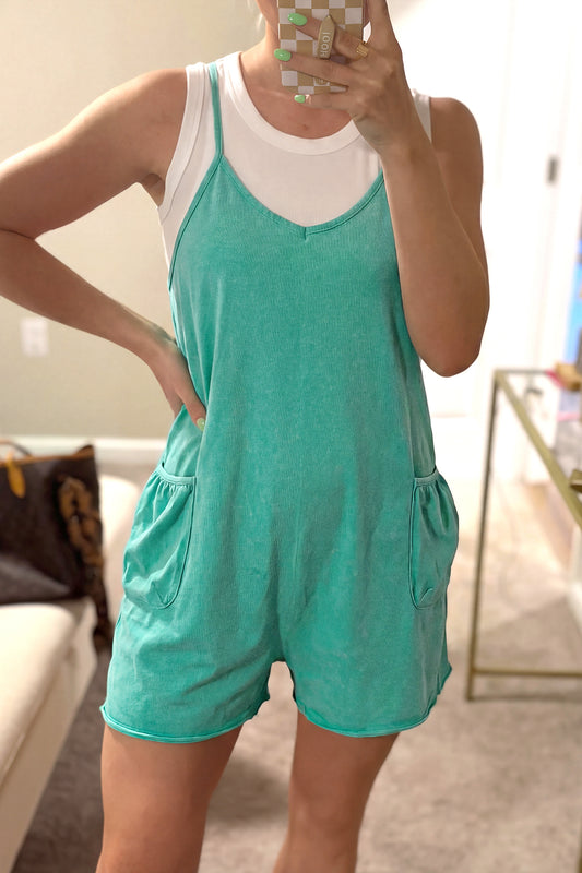 Mint Green Mineral Wash Spaghetti Straps Pocketed Romper