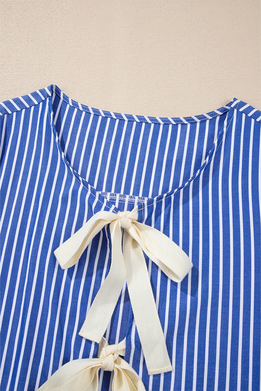 Blue Stripe Tied Front Puff Short Sleeve Blouse