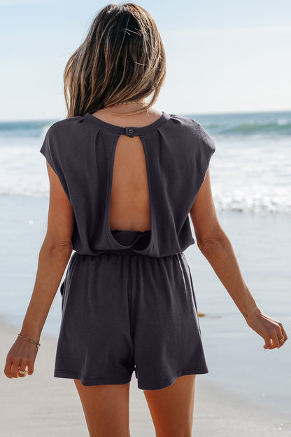 Ashleigh Blue Knit Open Back Cap Sleeve Drawstring Romper
