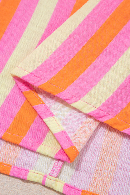 Pink Stripe Crinkled Half Buttons V Neck Plus Size Blouse