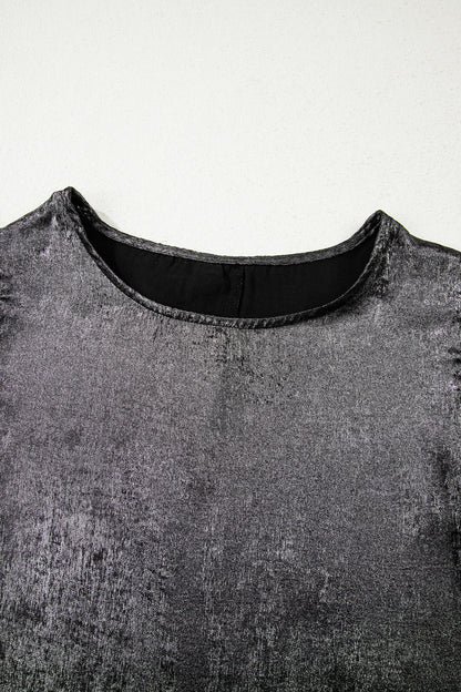 Silvery Metallic Round Neck Ruffle Trim Sleeveless Top