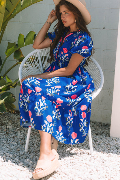 Blue Floral Puff Short Sleeve V Neck High Waist Maxi Dress