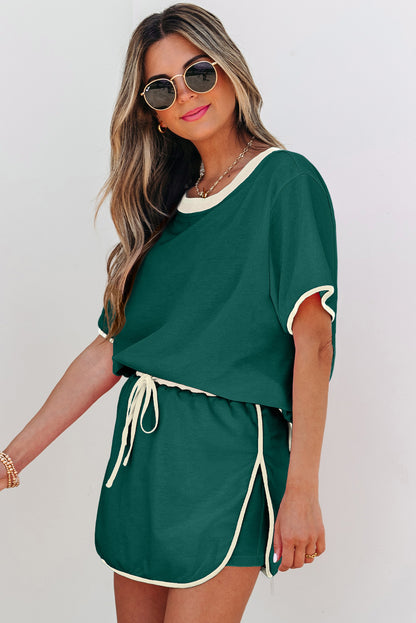 Rose Red Colorblock Edge Drop Shoulder T Shirt and Skort 2Pcs Set