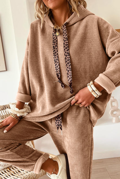 Parchment Leopard Drawstring Pullover Hoodie and High Waist Pants Corduroy Suit
